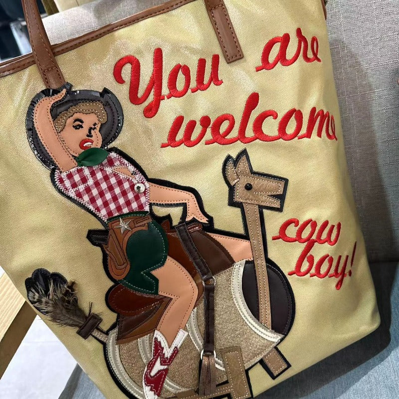 Chh Chrome Heart Leather Bag Embroidered Cartoon Tote Bag