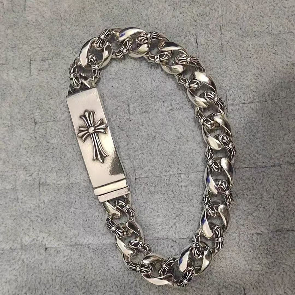 Chrome Hearts 925 Sterling silver cross half-Floral Plus Cross domineering ID bracelet