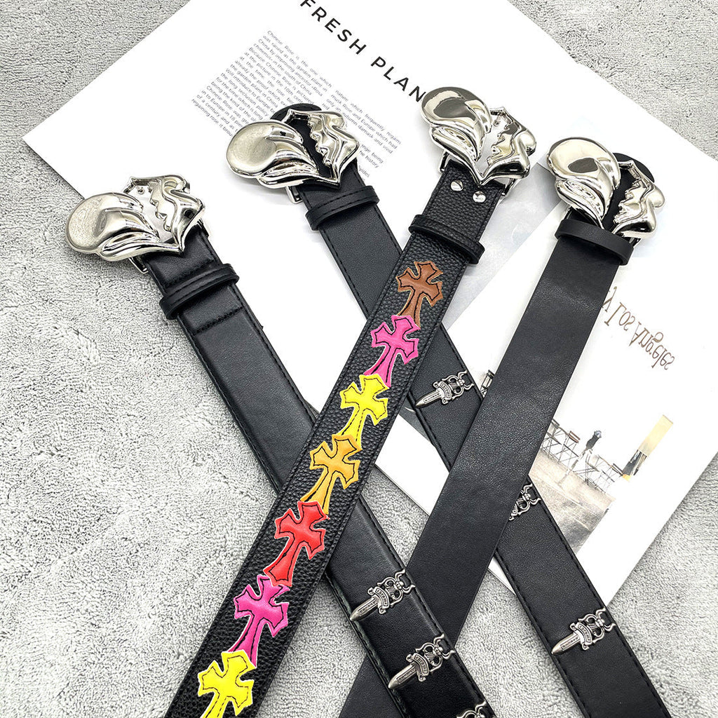 Chh Chrome Heart Belt Big Tongue Buckle Lychee Pattern