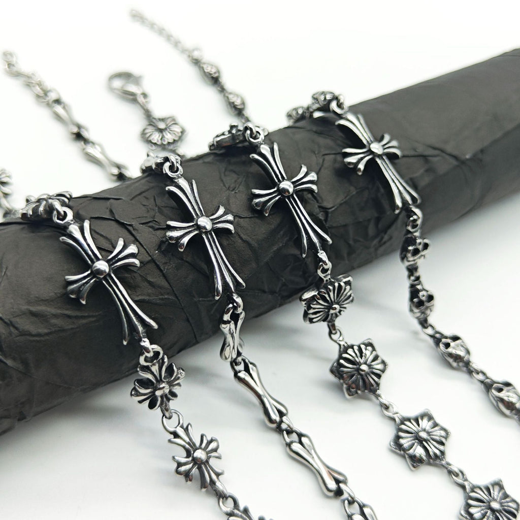 Chrome Hearts 925 Sterling silver cross flower skull splicing bracelet