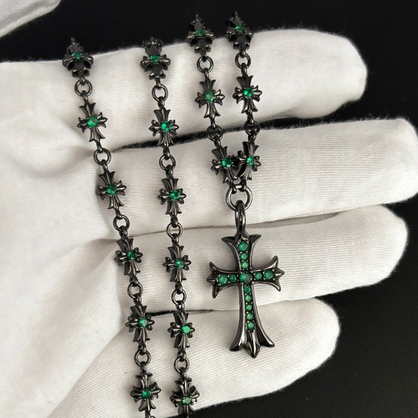 Chrome Hearts black cross inlaid with green zircon necklace