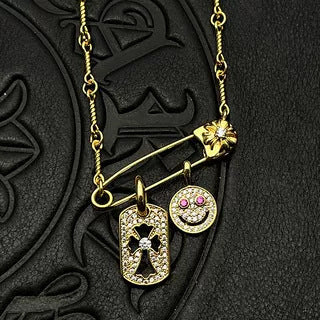 Chrome Hearts Gold Tag Full Diamond Smiley Face Diamond-Inlaid Pin Necklace
