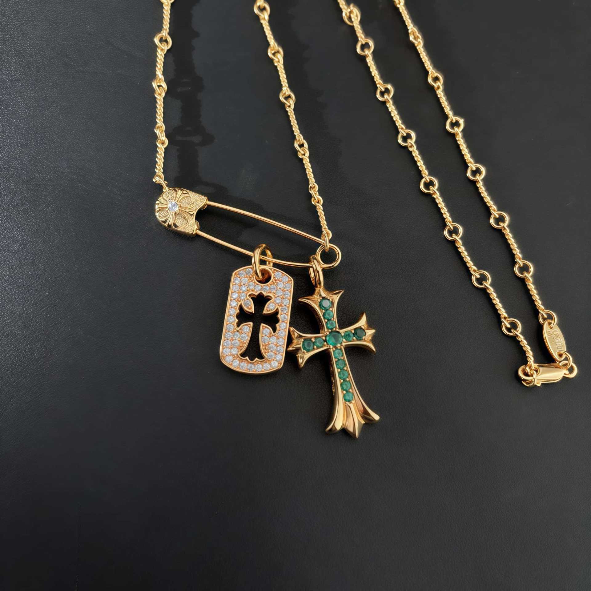 Chrome Hearts brooch full diamond square gold cross necklace