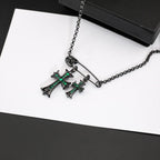Chrome Hearts black green diamond double cross brooch necklace