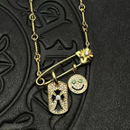 Chrome Hearts Gold Tag Full Diamond Smiley Face Diamond-Inlaid Pin Necklace