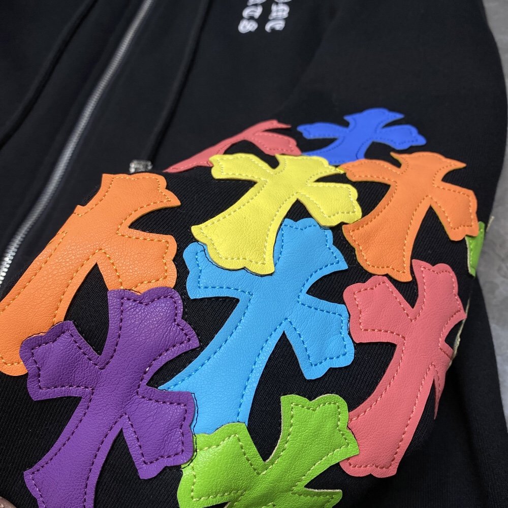CHH Chrome Heart Hoodie Crowe Double Arm Embroidered Colored Cross Group Leather Zip Sweater