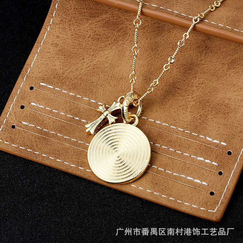 Chrome Hearts Gold Cross with Skull Round Tag Necklace