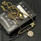 Chrome Hearts gold full diamond smiley face brooch necklace