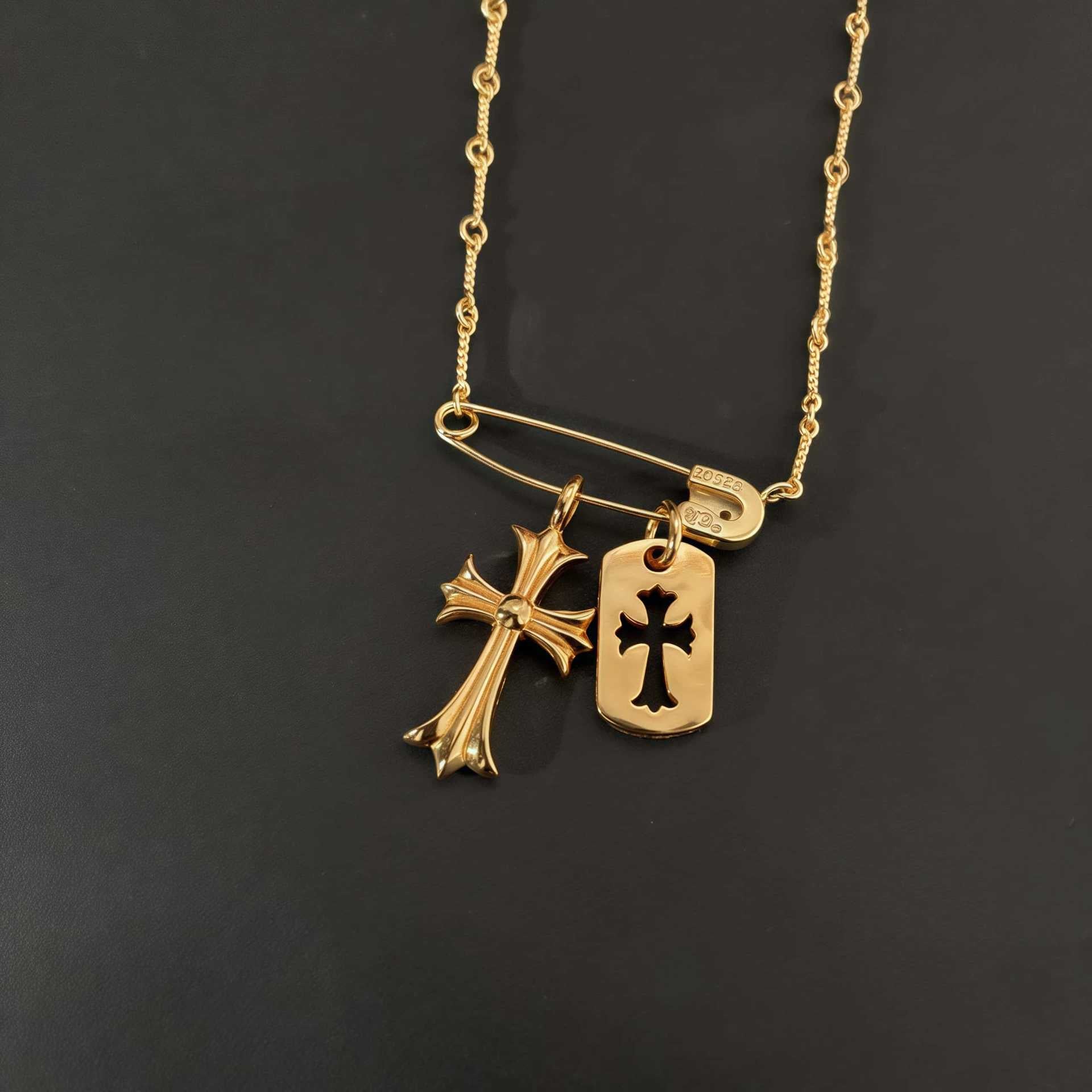 Chrome Hearts brooch full diamond square gold cross necklace