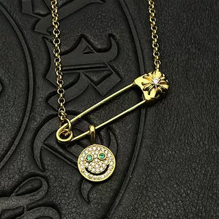 Chrome Hearts gold full diamond smiley face brooch necklace