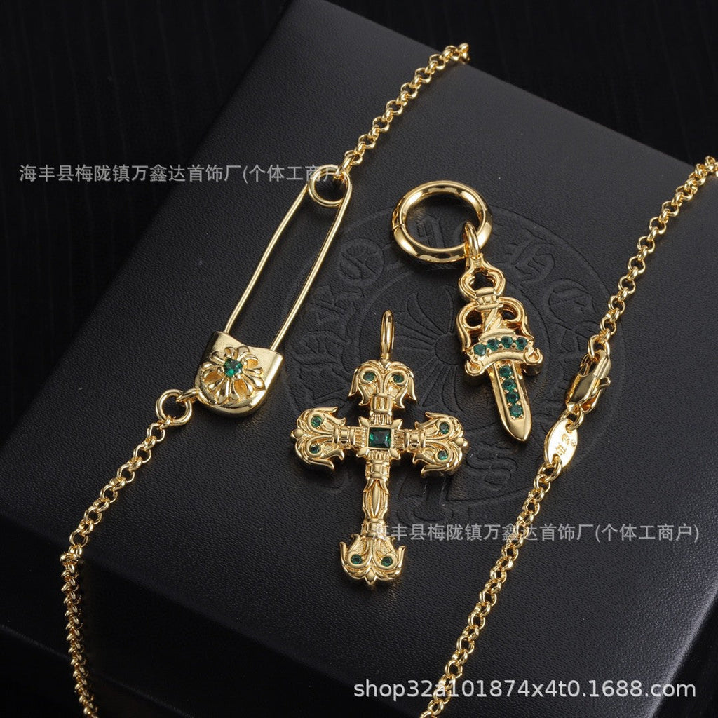 Chrome Hearts gold diamond cross flame sword necklace