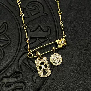 Chrome Hearts Gold Tag Full Diamond Smiley Face Diamond-Inlaid Pin Necklace