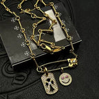 Chrome Hearts Gold Tag Full Diamond Smiley Face Diamond-Inlaid Pin Necklace