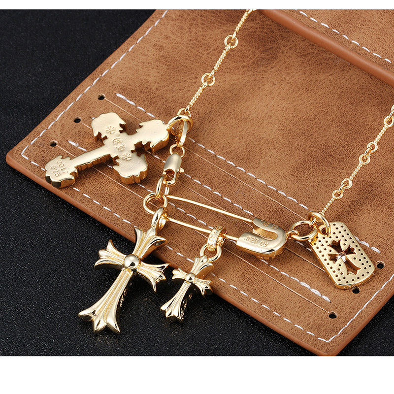 Chrome Hearts Gold Diamond-Inlaid Pin with Three Cross Pendants
