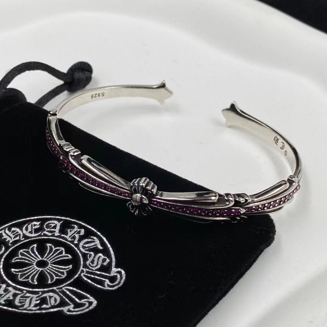 Chrome Hearts cross flower red diamond cuff bracelet